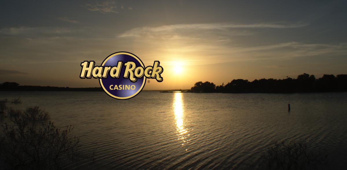 Photo of Hard Rock Casino logo and Lake Texoma where the hotel operator plans on opening a casino in 2026.