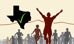 Green check in Texas outline next to silhouette of man winning race for story on BetMGM CEO saying TX will get sports betting before CA