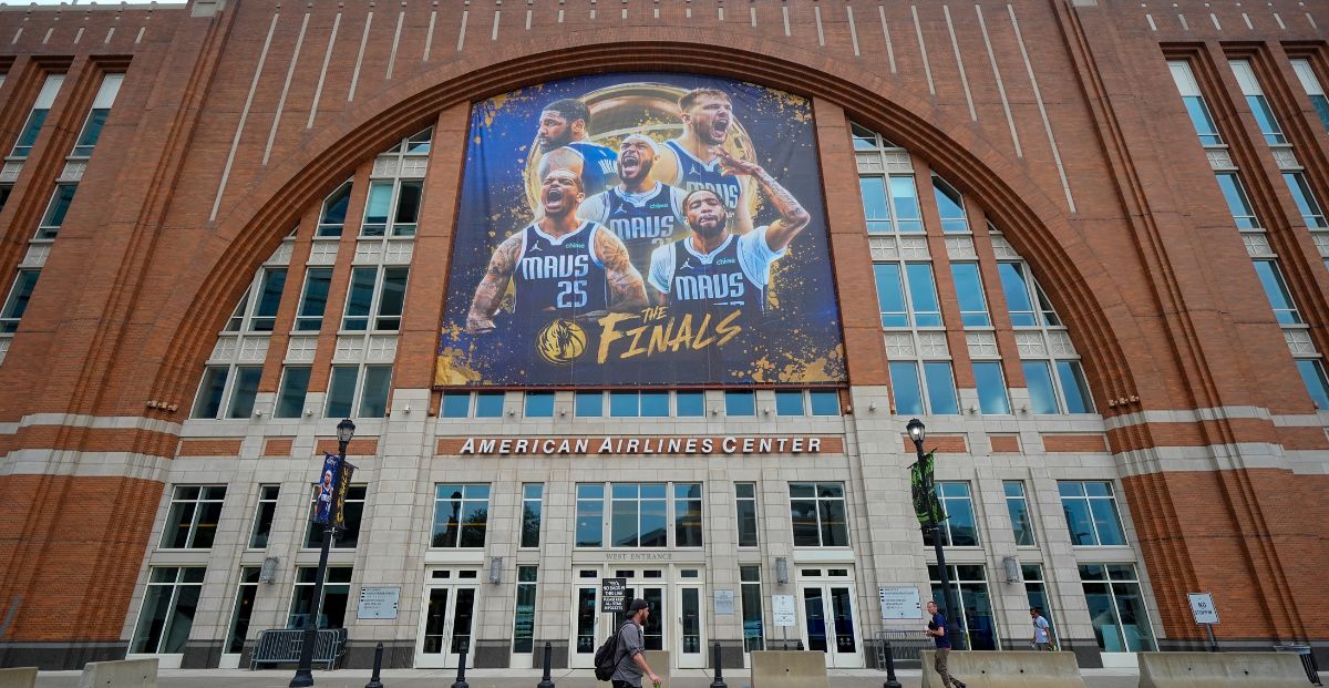 NBA Finals banner outside American Airlines Center, where game 3 takes place tonight amid the Porter betting scandal