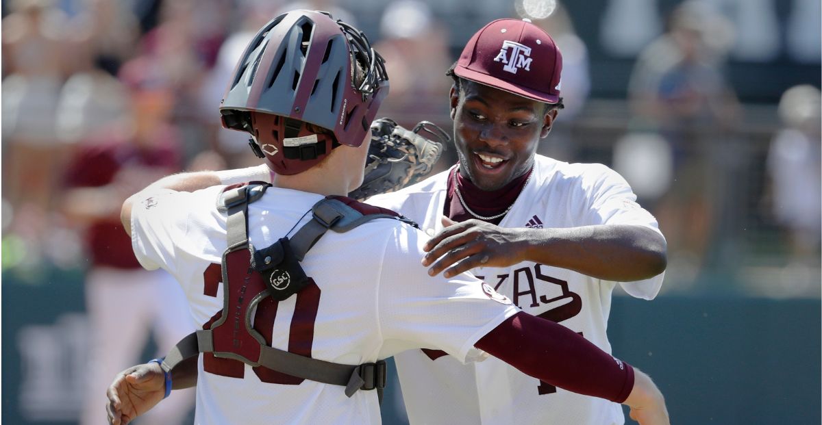 Two Texas A&M players celebrate a win. We will make Fliff picks on Texas A&M in the College World Series