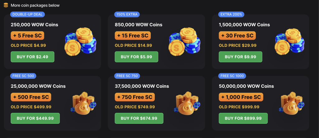 WOW Vegas coin bundles