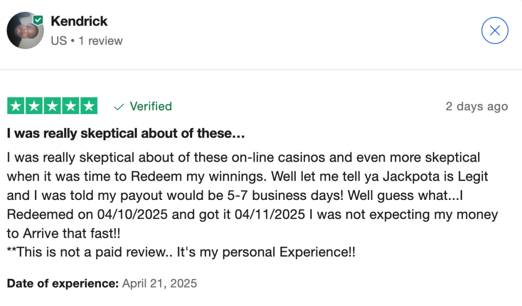 Jackpota_trustpilot review 1