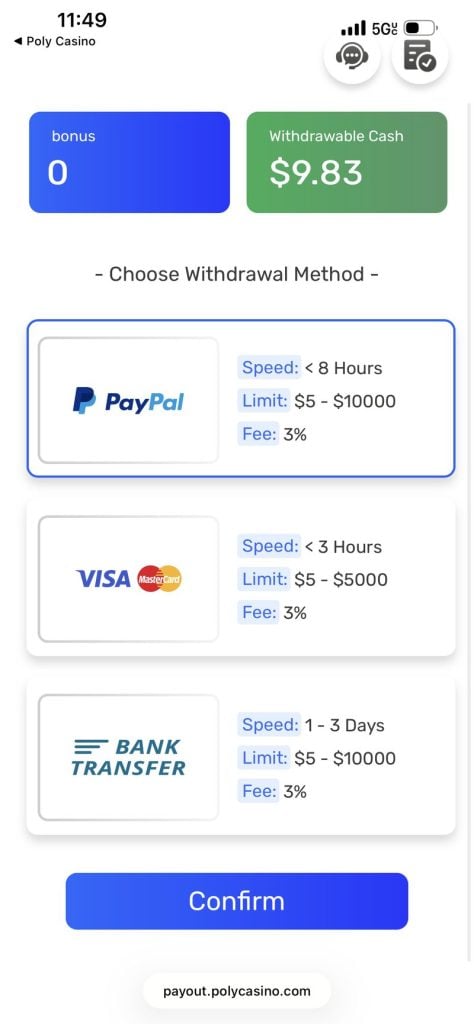 Redemption options include PayPal, Visa, Mastercard, and Bank Transfer. All of them have a 3% fee