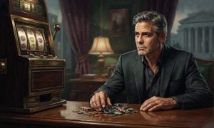 A man in a suit sits at a desk with a slot machine to his left and a pile of casino chips in front of him.