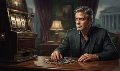 A man in a suit sits at a desk with a slot machine to his left and a pile of casino chips in front of him.