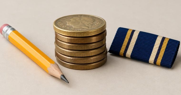 A stack of gold coins sits beside a yellow pencil and a military-style ribbon on a neutral background.