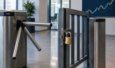 A metal turnstile and a secured gate are located in a modern office lobby with a financial stock chart displayed on the wall.