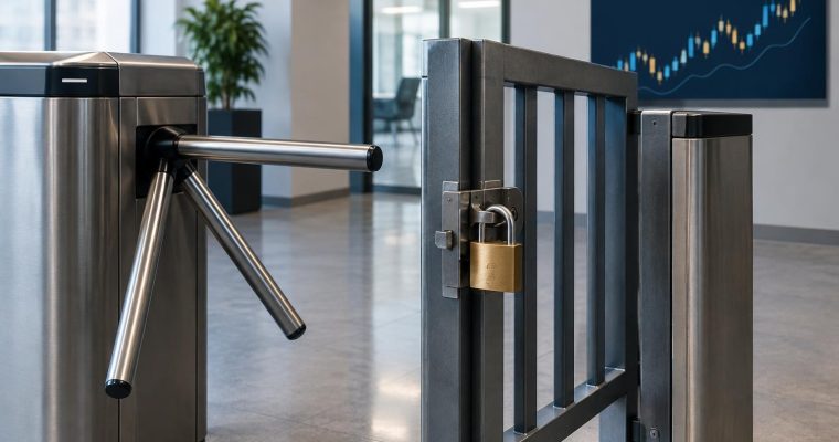 A metal turnstile and a secured gate are located in a modern office lobby with a financial stock chart displayed on the wall.