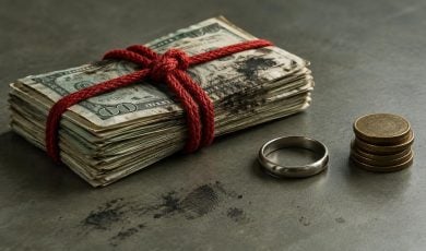 A stack of muddy cash tied with a red rope sits next to a silver ring and a small pile of coins on a dark surface.