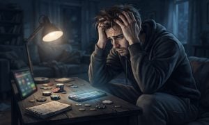 A distressed man with his head in his hands sits at a table cluttered with poker chips, a tablet, and a smartphone.