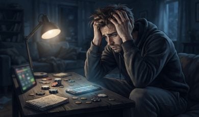 A distressed man with his head in his hands sits at a table cluttered with poker chips, a tablet, and a smartphone.