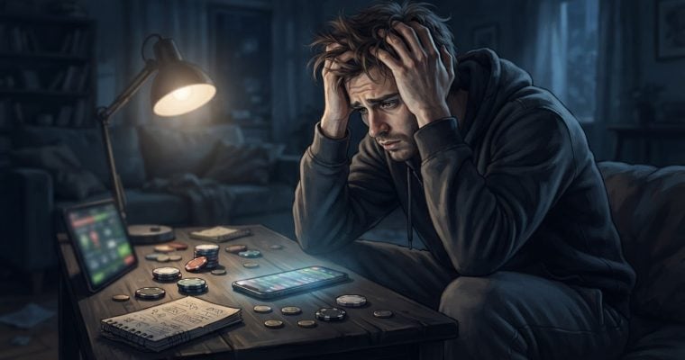 A distressed man with his head in his hands sits at a table cluttered with poker chips, a tablet, and a smartphone.